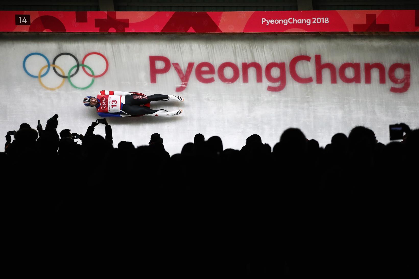 Chris Mazdzer on the Pyeongchange Luge track en route to a silver medal