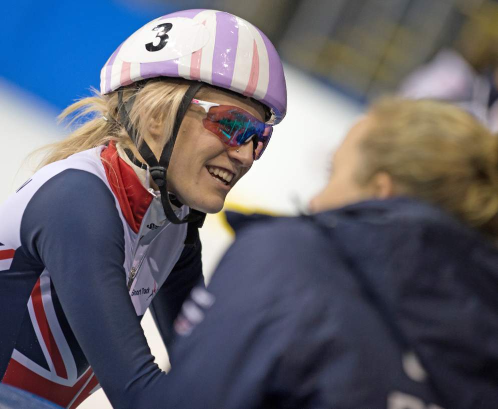 Elise Christie in her pink Union Jack racing helmet